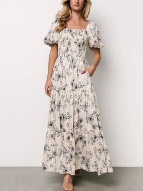 Baltic Born Susanna Smocked Maxi Dress Ivory and Blue Floral 1X